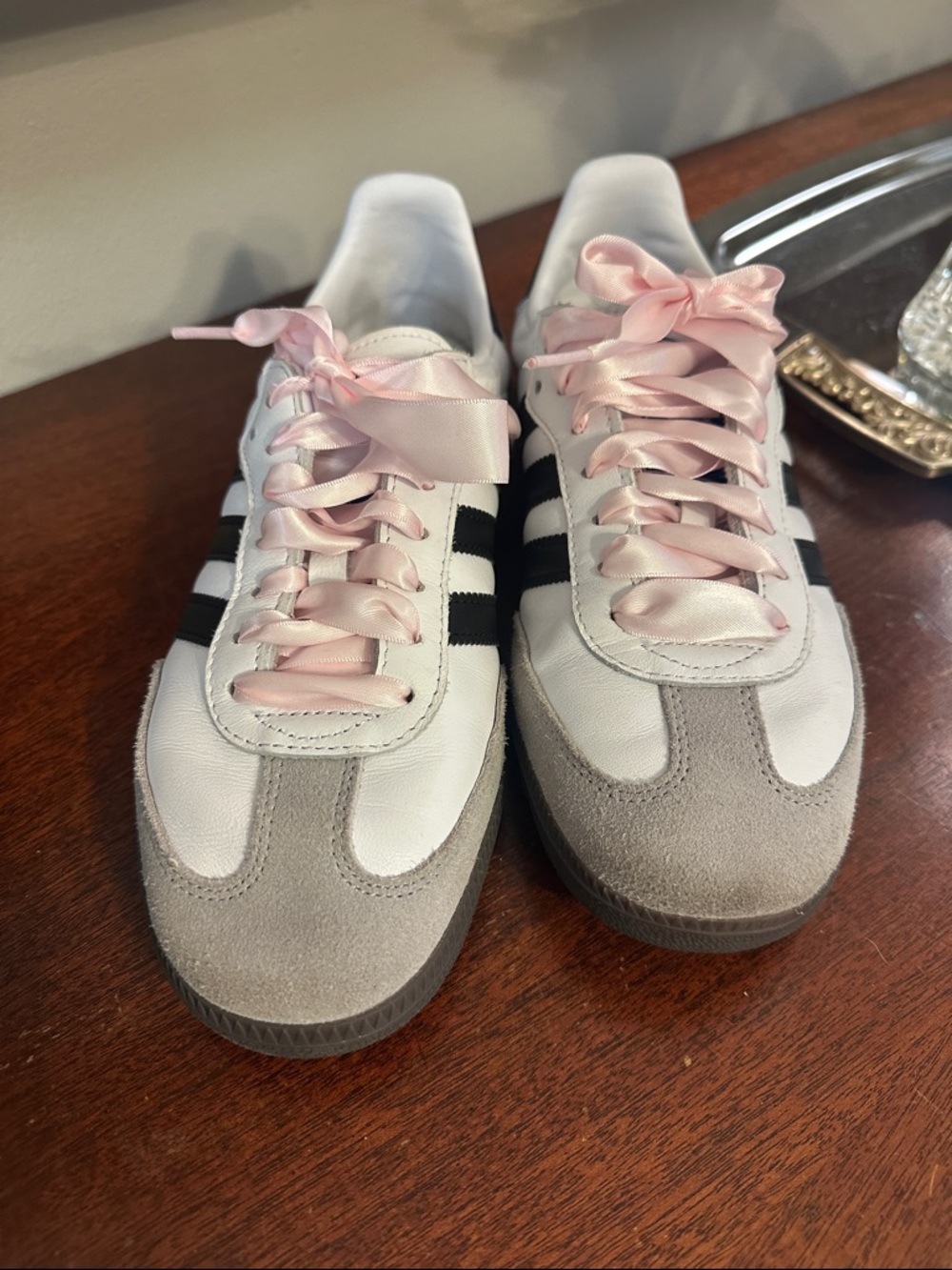 adidas White & Black Samba Sneakers with Pink Ribbon Laces - Picture 2 of 5